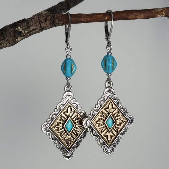 HAND CRAFTED EARRINGS Silver Brass Turquoise Dangle Drop - Picture 3 of 6
